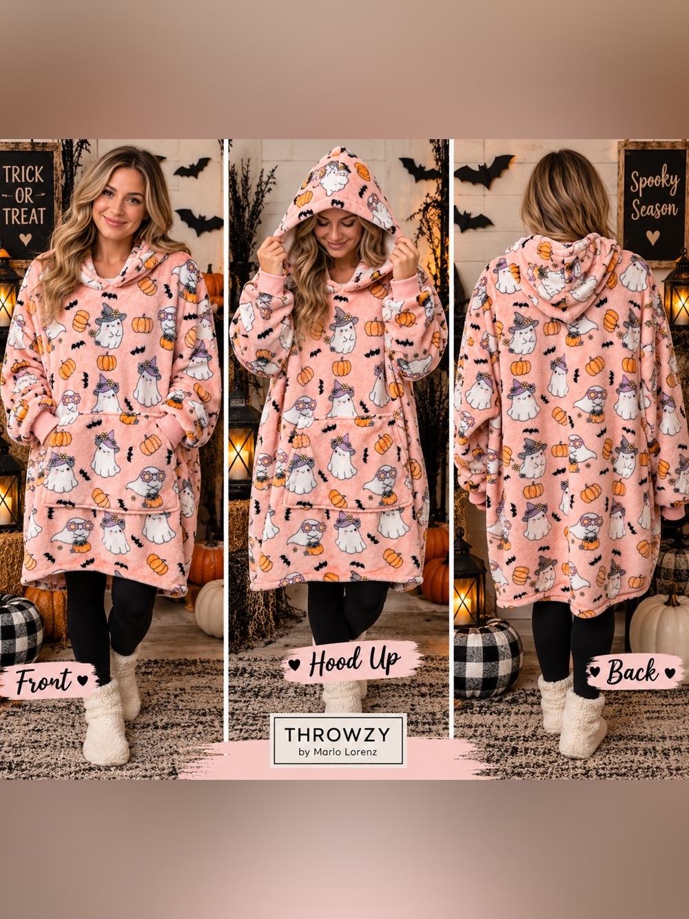 NWT Throwzy Halloween Ghost Pumpkin Plush Oversized Blanket Hoodie One Size 👻🎃